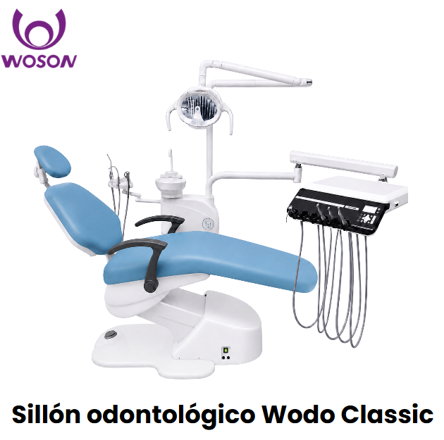 Sillon dental modelo Wodo Classic, reflector Bi Led, amplia platina de 5 terminales, brazo asistente, 2 suctores metalicos, feringa auxiliar y control auxiliar (Woson)