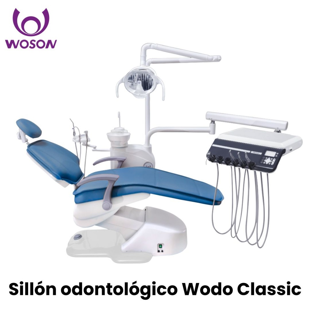 Sillon dental modelo Wodo Classic, reflector Bi Led, amplia platina de 5 terminales, brazo asistente, 2 suctores metalicos, feringa auxiliar y control auxiliar (Woson)