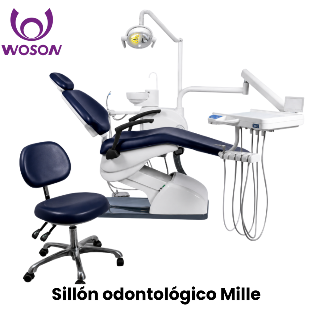 Sillon dental modelo mille con 2 Suctor banqueta premiun y reflector bi volor, bacha ceramica y picos metalicos pulido. (Woson)