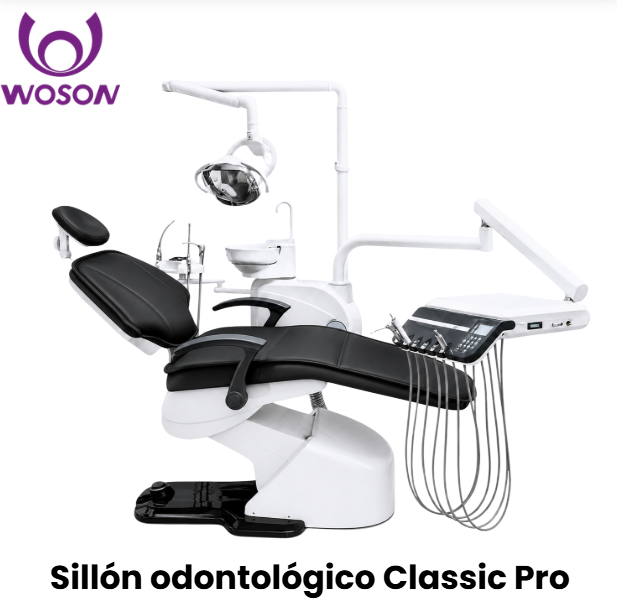 Sillón dental modelo wodo Clasic Pro, reflector faro italiano y tapizado eco cuero, 2 suctores y jeringa auxiliar + control pad auxiliar (Woson)