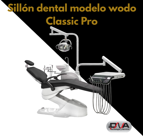 Sillón dental modelo wodo Clasic Pro, reflector faro italiano y tapizado eco cuero, 2 suctores y jeringa auxiliar + control pad auxiliar (Woson)
