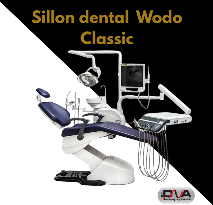 Sillon dental modelo Wodo Classic, reflector Bi Led, amplia platina de 5 terminales, brazo asistente, 2 suctores metalicos, feringa auxiliar y control auxiliar (Woson)