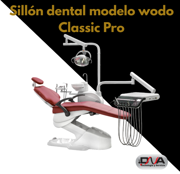 Sillón dental modelo wodo Clasic Pro, reflector faro italiano y tapizado eco cuero, 2 suctores y jeringa auxiliar + control pad auxiliar (Woson)