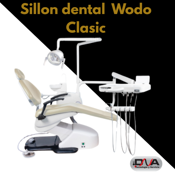 Sillon dental modelo Wodo Classic, reflector Bi Led, amplia platina de 5 terminales, brazo asistente, 2 suctores metalicos, feringa auxiliar y control auxiliar (Woson)