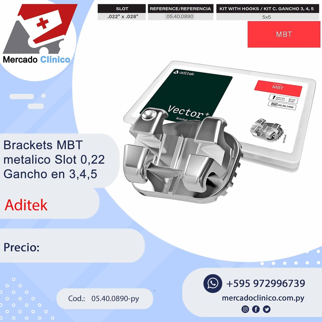 Brackets MBT metálico Slot 022 c/ gancho 3,4,5 - Aditek
